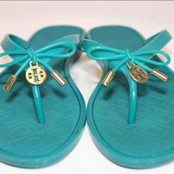 Tory Burch Designer Womens Teal Blue Jelly Bow Thongs Flip Flops Sandals Size 7 - Picture 3 of 10
